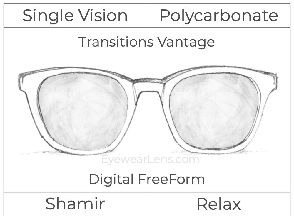 Single Vision - Polycarbonate - Shamir Relax - Digital FreeForm - Transitions Vantage - Aspheric