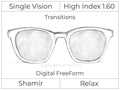 Single Vision - High Index 1.60 - Shamir Relax - Digital FreeForm - Transitions Signature - Aspheric