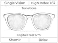 Single Vision - High Index 1.67 - Shamir Relax - Digital FreeForm - Transitions Signature - Aspheric