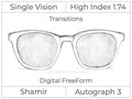 Single Vision - High Index 1.74 - Shamir Autograph 3 - Digital FreeForm - Transitions Signature - Aspheric